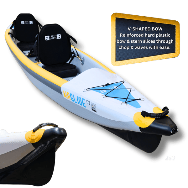 Air Glide 473 tandem inflatable kayak V-shaped hard bow and stern